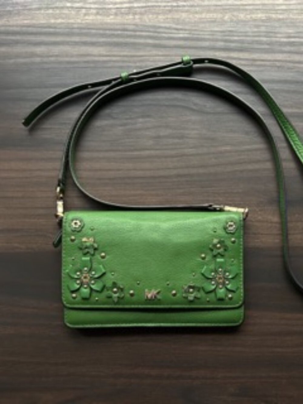 Michael Kors Green Floral Embellished Pebbled Leather Convertible Crossbody Wall